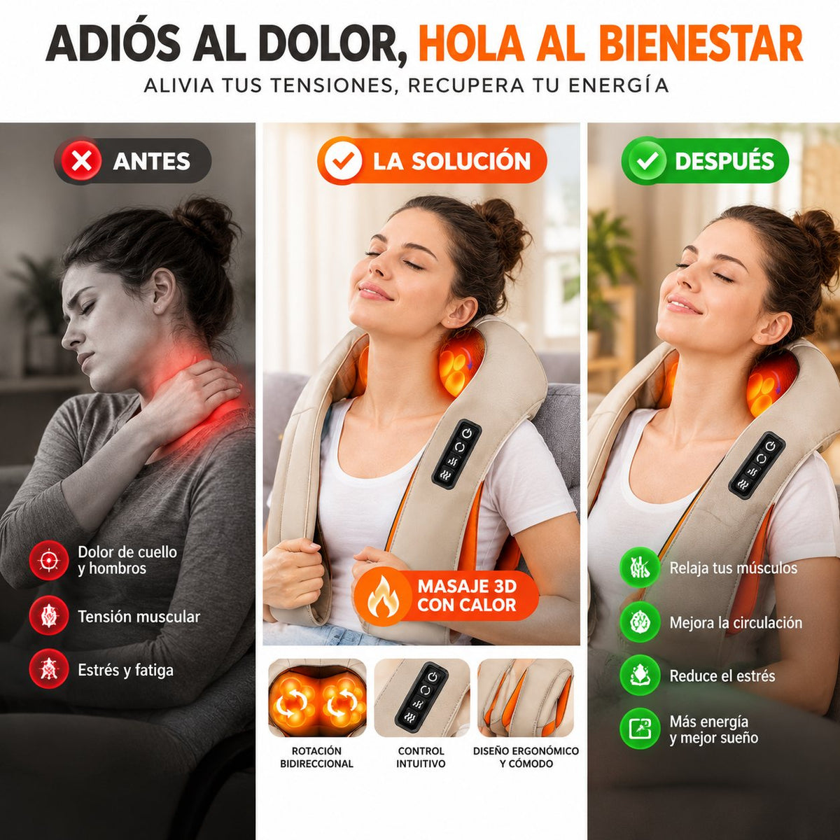 Antes y después de usar el masajeador shiatsu con calor