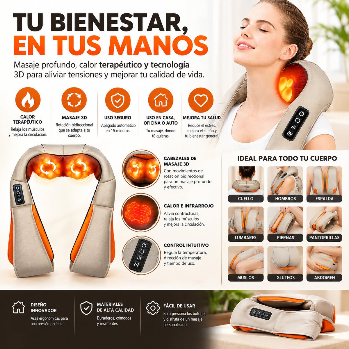 Funciones del masajeador y zonas del cuerpo donde se usa